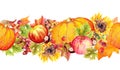 Fruits and vegetables - pumpkin, apples, berries, nuts with autumn leaves. Thanksgiving seamless border frame