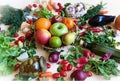 Fruits and  Vegetables Red pepper Green salat Red Tomato lilac onion garlic parsley dill radish healthy  diet Royalty Free Stock Photo