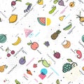 Fruits and vegetables seamless pattern memphis style, vegetarian set, summer isolated color vector icons. Royalty Free Stock Photo