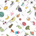 Fruits and vegetables seamless pattern memphis style, vegetarian set, summer isolated color vector icons.