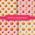 Fruits and vegetables. Seamless patterns with pumpkins, apples and pears illustrations Royalty Free Stock Photo