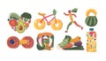 Fruits And Vegetables In The Shape Of A Tasty Shoe, Heart, Bicycle, Running Sportsman, Dumbbell, Scales And Water Bottle