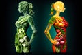 Fruits and vegetables in the shape of woman body, food concept. Ai generated