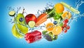 fruits and vegetables in swirling water suitable for background