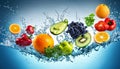 fruits and vegetables in swirling water suitable for background