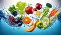 fruits and vegetables in swirling water suitable for background