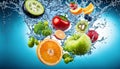 fruits and vegetables in swirling water suitable for background