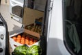 fruits and vegetables transported by van to the market