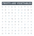 Fruits and vegetables vector line icons set. Fruit, Vegetable, Apple, Orange, Banana, Potato, Tomato illustration Royalty Free Stock Photo