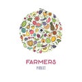Fruits and vegetables, vegetarian banner farmers market, isolated color vector icons.