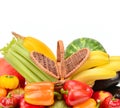 Fruits and vegetables in wicker basket isolated on white background Royalty Free Stock Photo