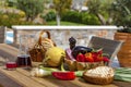 Fruits, vegetables, wine and bread on the table in the summer garden Royalty Free Stock Photo