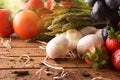 Fruits and vegetables on wood table front view close up Royalty Free Stock Photo