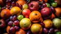 Fruits and vegetables on wooden background, top view, flat lay Royalty Free Stock Photo