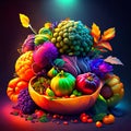 Fruits and vegetables in a wooden bowl on a dark background. AI generated Royalty Free Stock Photo