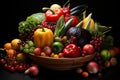 Fruits and vegetables on a wooden bowl in dark wooden background Royalty Free Stock Photo