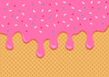 Fruits waffle background with pink ice cream flowing down, wafer textured. Vector