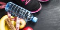 Fruits, water bottle and training shoes, sport itmes, healthy li Royalty Free Stock Photo