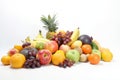 Fruits were arranged in a pile on a white background, including apples, grapes, oranges, bananas, pears and more. Generative AI Royalty Free Stock Photo