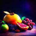 Fruits on the wooden table. Colorful fruits and berries. AI Generated