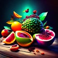 Fruits on a wooden table. Colorful fruits on a wooden table. Generative AI