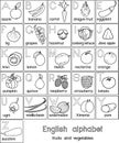 Coloring page. English alphabet with fruits and vegetables