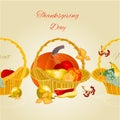 Fruity border seamless background with fruit in a wicker basket healthy food Thanksgiving Day vintage vector illustration for us