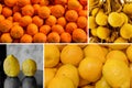 Fruity bright sunny collage pile of tangerines and lemon a pair of wild lemons with rough skin and juicy longan design