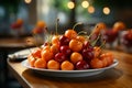 Fruity expression cherries and orange form a smiley face on plate Royalty Free Stock Photo