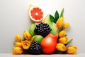 Fruity floral still life, yellow tulips with blackberries and grapefruit Royalty Free Stock Photo