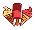 Fruity ice cream in waffle cone and on stick