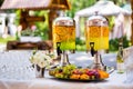 fruity lemonade, fruit refreshing drink, orange juice, catering, glasses for wine or champagne,exit buffet, Lemonade in glass bar Royalty Free Stock Photo