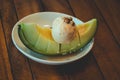 Fruity Melon dessert, topped with vanilla ice cream Royalty Free Stock Photo