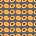 Fruity seamless pattern with apricots on a gray background.