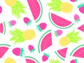 Fruity seamless pattern with watermelons, pineapples and strawberries on a white background. Summer fruit mix. Design for wrappers