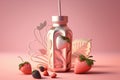 Fruity strawberry drink in a shiny metal bottle. 3D illustration displays a bright pink steel container with strawberry shake,