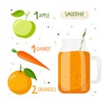Fruity vegetable smoothie recipe. Mason jar with orange smoothie, ingredients. Orange fruit, carrot, apple. Energetic Royalty Free Stock Photo