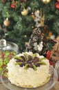 White chocolate cake with fresh fruits with Christmas decoration Royalty Free Stock Photo