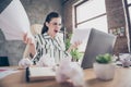 Frustrated aggressive furious girl executive marketer work laptop prepare start-up development strategy presentation