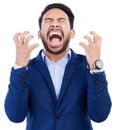 Frustrated, anger and screaming with business man in studio for headache, stress and burnout. Mental health, anxiety and Royalty Free Stock Photo