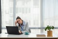 Frustrated annoyed woman confused by computer problem, annoyed businesswoman feels indignant about laptop crash, bad news online Royalty Free Stock Photo