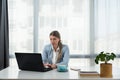 Frustrated annoyed woman confused by computer problem, annoyed businesswoman feels indignant about laptop crash, bad news online Royalty Free Stock Photo