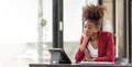 Frustrated annoyed woman confused by computer problem, annoyed businesswoman feels indignant about laptop crash, bad Royalty Free Stock Photo