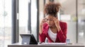 Frustrated annoyed woman confused by computer problem, annoyed businesswoman feels indignant about laptop crash, bad Royalty Free Stock Photo