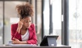 Frustrated annoyed woman confused by computer problem, annoyed businesswoman feels indignant about laptop crash, bad Royalty Free Stock Photo