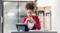 Frustrated annoyed woman confused by computer problem, annoyed businesswoman feels indignant about laptop crash, bad Royalty Free Stock Photo