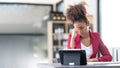 Frustrated annoyed woman confused by computer problem, annoyed businesswoman feels indignant about laptop crash, bad Royalty Free Stock Photo