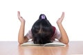 Frustrated Asian Chinese girl with head down on the table Royalty Free Stock Photo