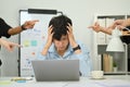 Frustrated asian male employee intern unfair reprimand rebuke, suffers from bad attitude at work