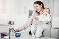 Frustrated, baby and mother busy multitasking in home with phone, food and work or childcare, stress and pressure. Mom